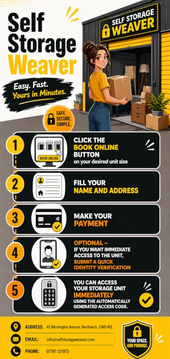 Step-by-step online booking process for a storage unit at Self Storage Weaver in Northwich showing how to book, pay and access instantly